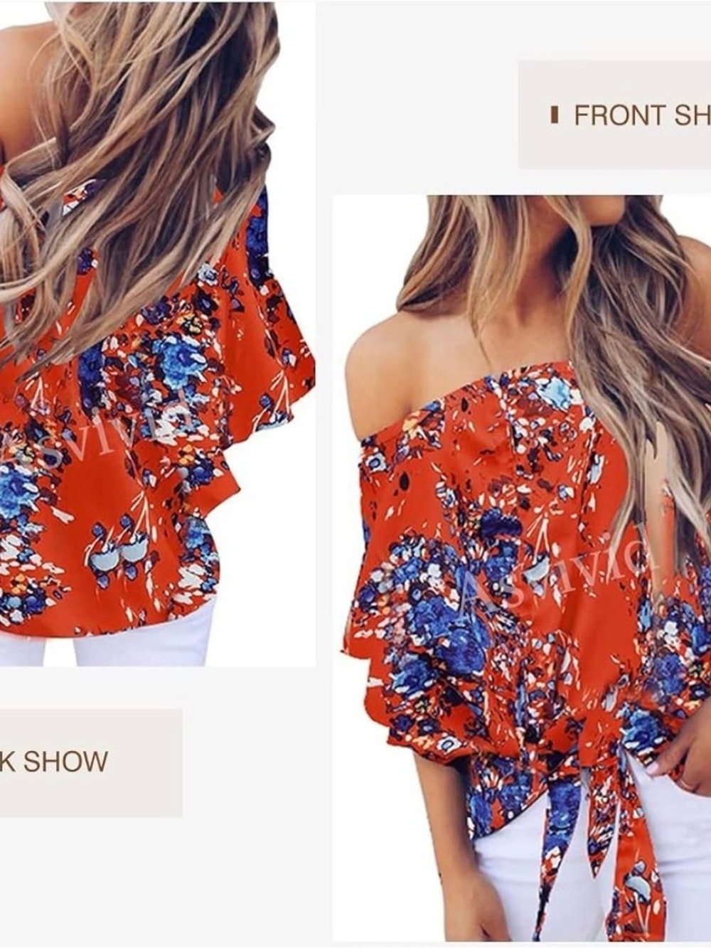 Floral Off-Shoulder Tie-Front Top - Red Blue